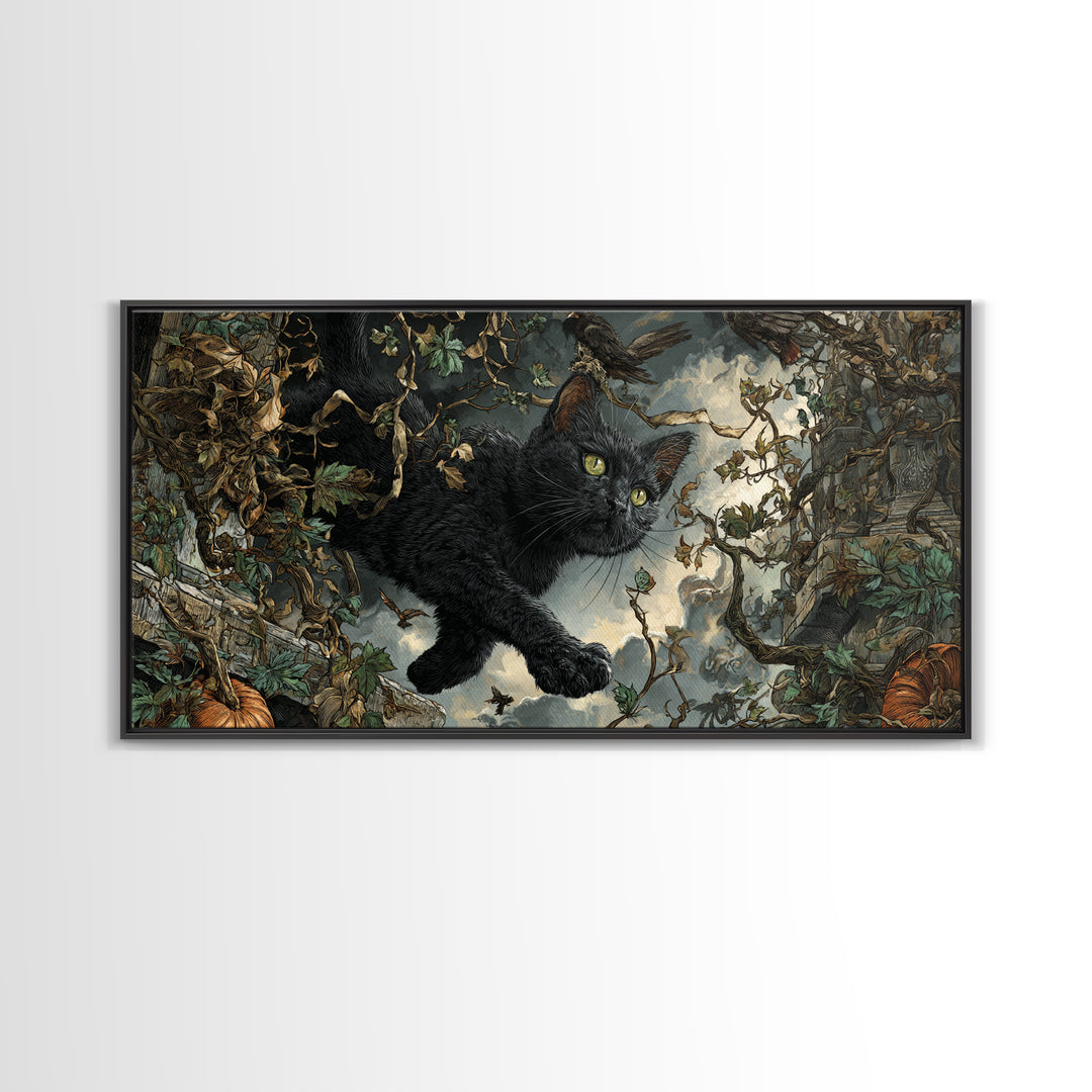 The Black Cat Gathering, Wide Panoramic Art, Gothic Horror Wall Art, Framed Canvas Print, Halloween Wall Decor, Gothic Home Decor