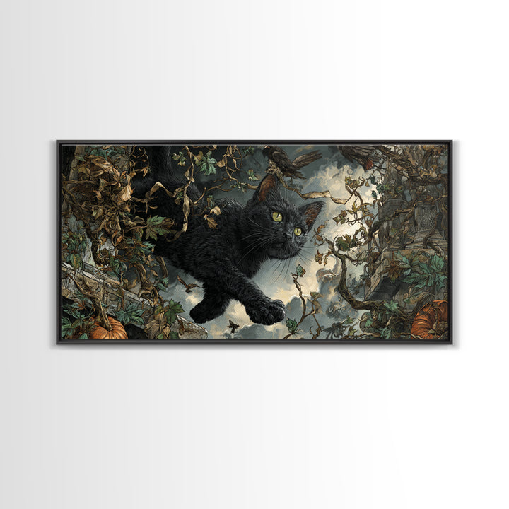 The Black Cat Gathering, Wide Panoramic Art, Gothic Horror Wall Art, Framed Canvas Print, Halloween Wall Decor, Gothic Home Decor