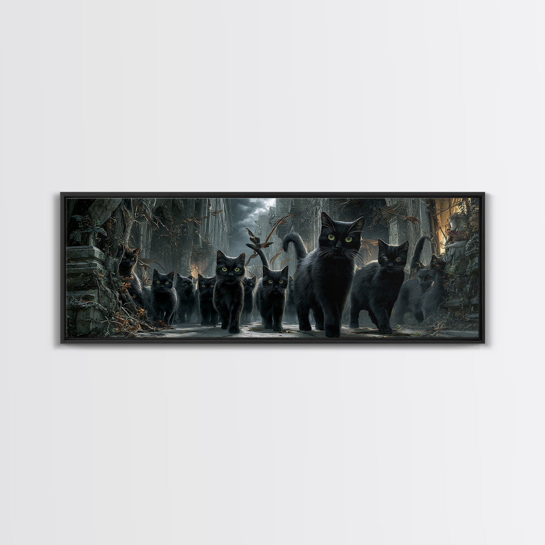 The Black Cat Gathering, Extra Wide Wall Art, Gothic Horror Wall Art, Framed Canvas Print, Halloween Wall Decor, Gothic Home Decor