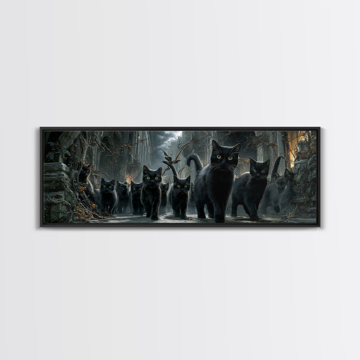 The Black Cat Gathering, Extra Wide Wall Art, Gothic Horror Wall Art, Framed Canvas Print, Halloween Wall Decor, Gothic Home Decor