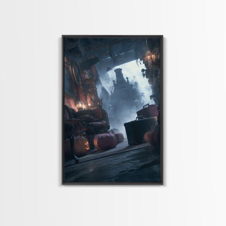 The Ghost Train Arrival, Vertical Wall Art, Haunted Gothic Art, Framed Canvas Print, Halloween Wall Decor, Gothic Home Decor