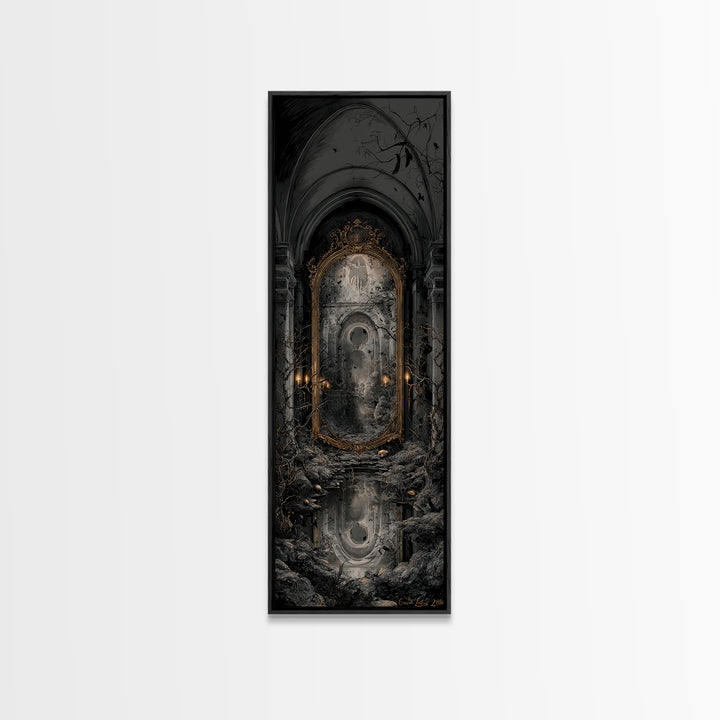 The Cursed Mirror, Tall Narrow Wall Art, Gothic Horror Wall Art, Framed Canvas Print, Halloween Wall Decor, Gothic Home Decor