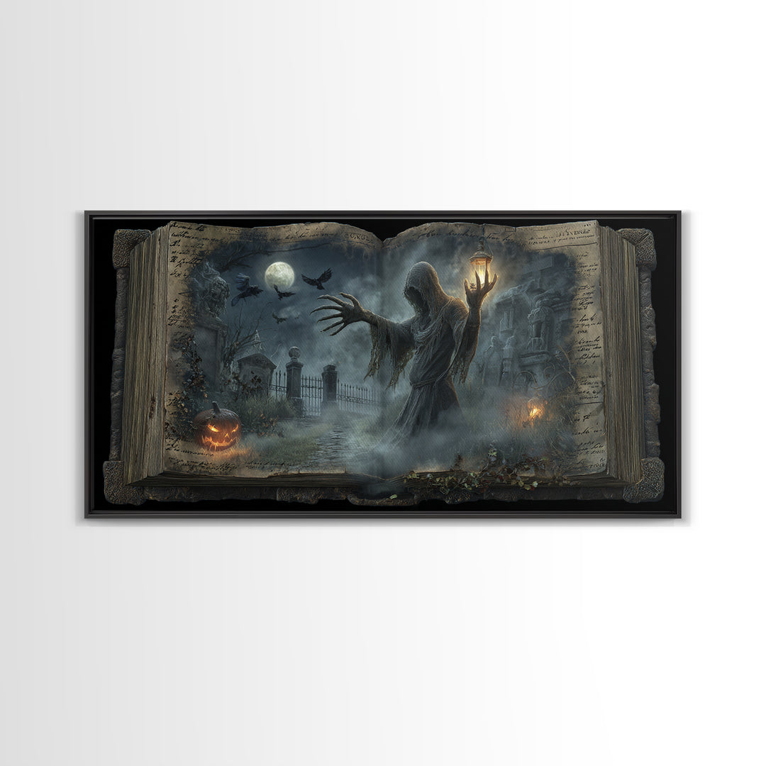 The Living Spellbook, Wide Panoramic Art, Macabre Wall Art, Framed Canvas Print, Halloween Wall Decor, Gothic Home Decor, Dark Fantasy Art