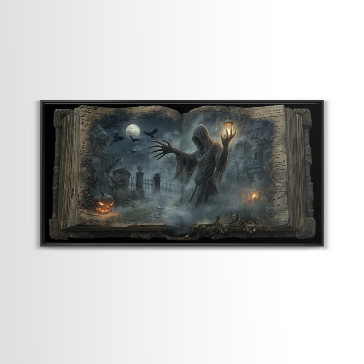 The Living Spellbook, Wide Panoramic Art, Macabre Wall Art, Framed Canvas Print, Halloween Wall Decor, Gothic Home Decor, Dark Fantasy Art