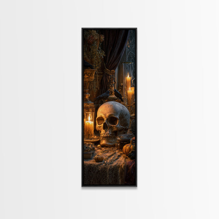 The Talking Skull, Tall Narrow Wall Art, Gothic Horror Wall Art, Framed Canvas Print, Halloween Wall Decor, Gothic Home Decor