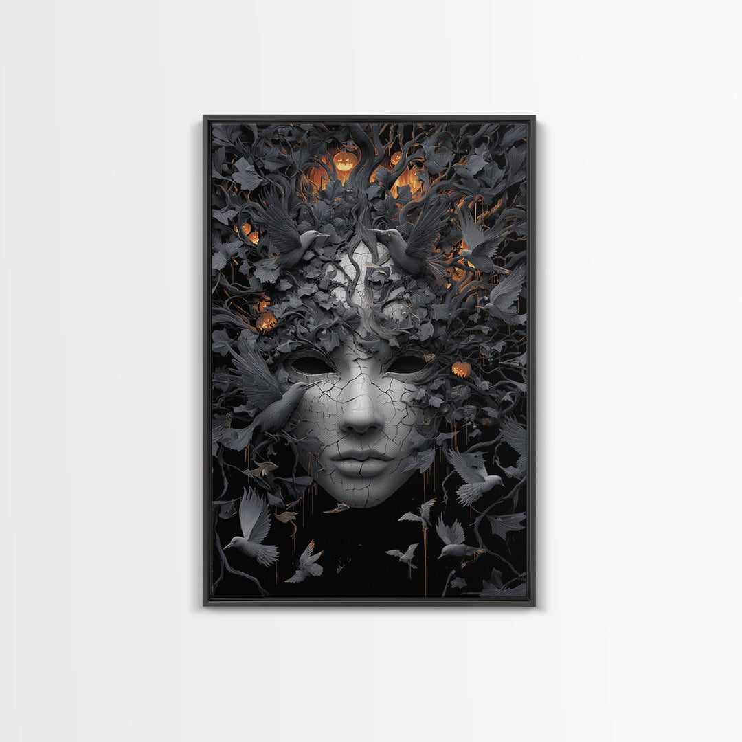 The Cracked Porcelain Mask, Vertical Wall Art, Dark Halloween Decor, Canvas Print, Halloween Wall Decor, Gothic Home Decor