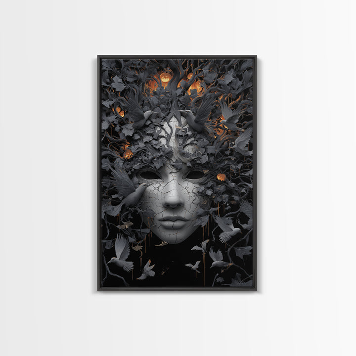 The Cracked Porcelain Mask, Vertical Wall Art, Dark Halloween Decor, Canvas Print, Halloween Wall Decor, Gothic Home Decor