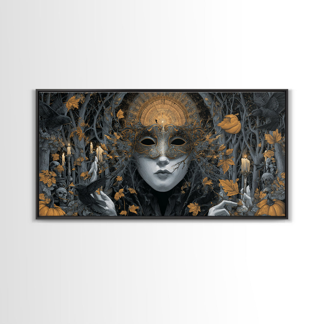 The Cracked Porcelain Mask, Wide Panoramic Art, Haunted Gothic Art, Framed Canvas Print, Halloween Wall Decor, Gothic Home Decor