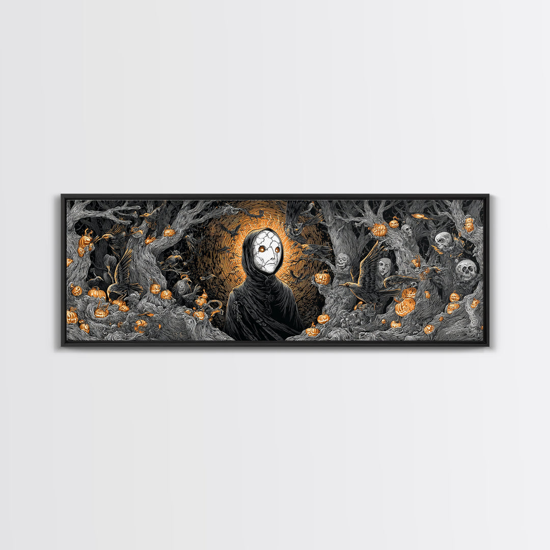 The Cracked Porcelain Mask, Extra Wide Wall Art, Haunted Gothic Art, Framed Canvas Print, Halloween Wall Decor, Gothic Home Decor