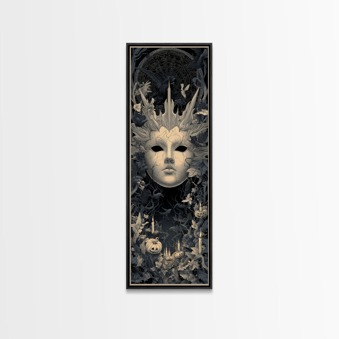 The Cracked Porcelain Mask, Tall Narrow Wall Art, Dark Halloween Decor, Canvas Print, Halloween Wall Decor, Gothic Home Decor