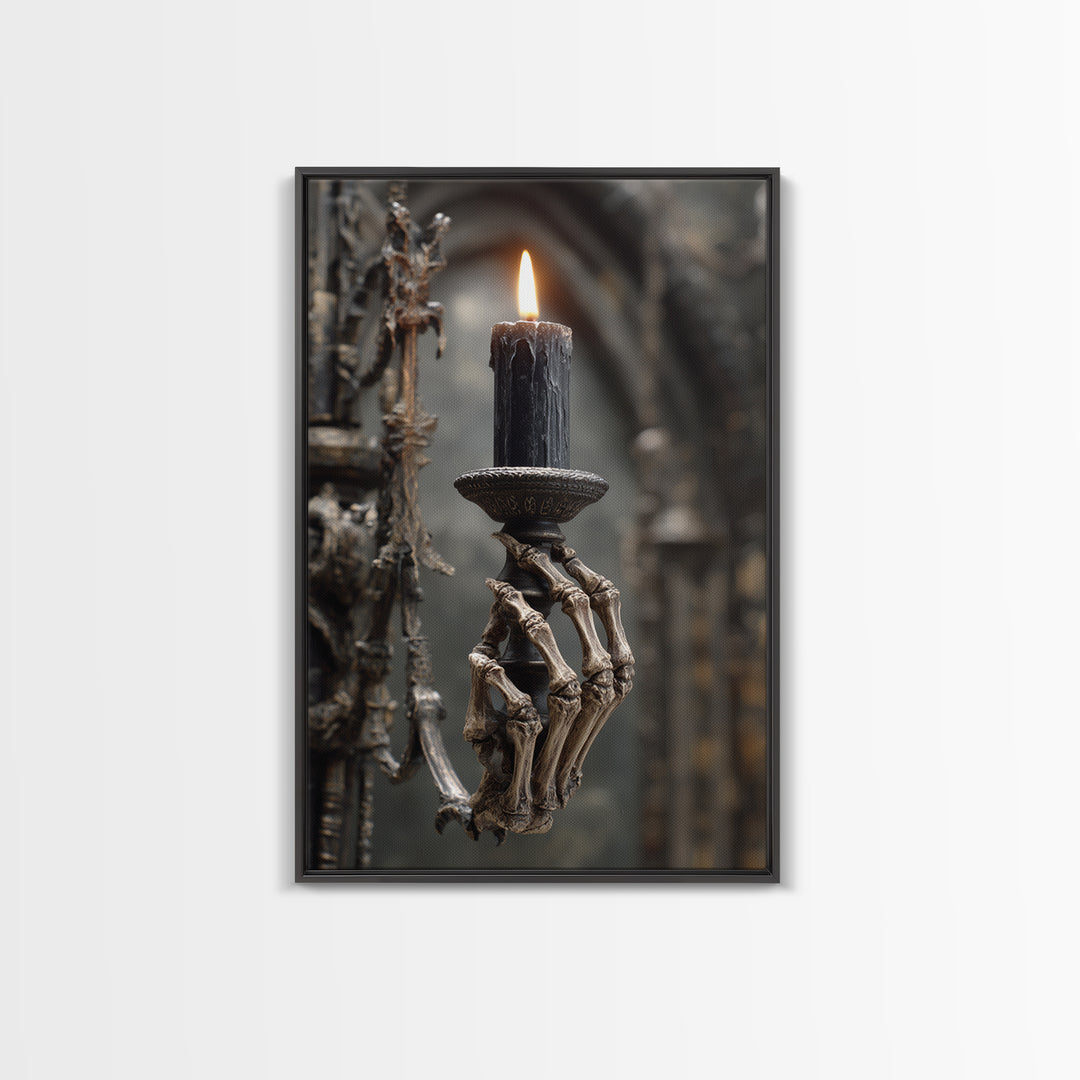 The Skeletal Hand Candleholder, Vertical Wall Art, Macabre Wall Art, Framed Canvas Print, Halloween Wall Decor, Gothic Home Decor