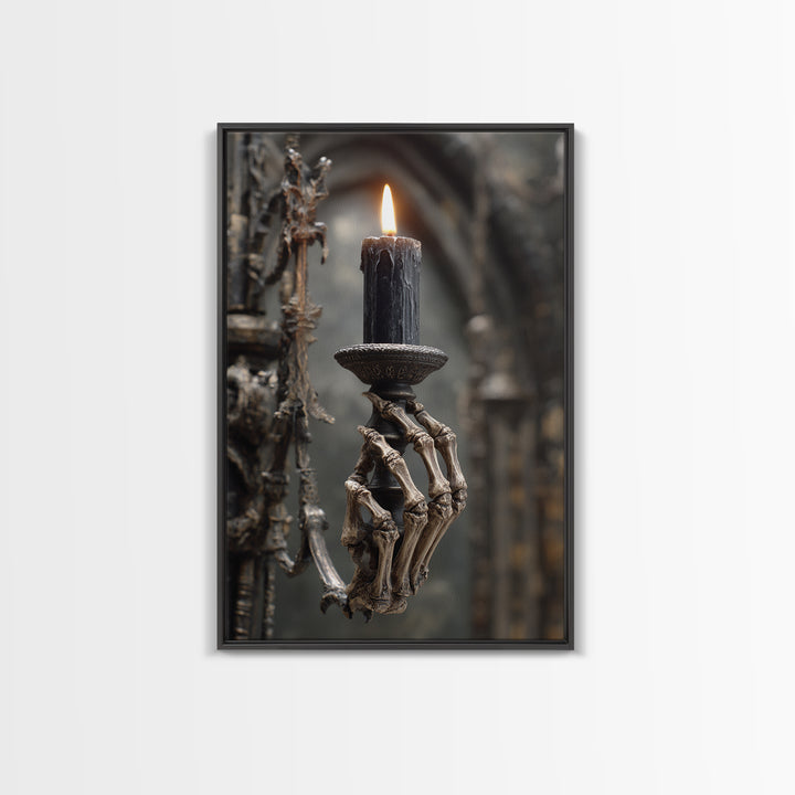 The Skeletal Hand Candleholder, Vertical Wall Art, Macabre Wall Art, Framed Canvas Print, Halloween Wall Decor, Gothic Home Decor