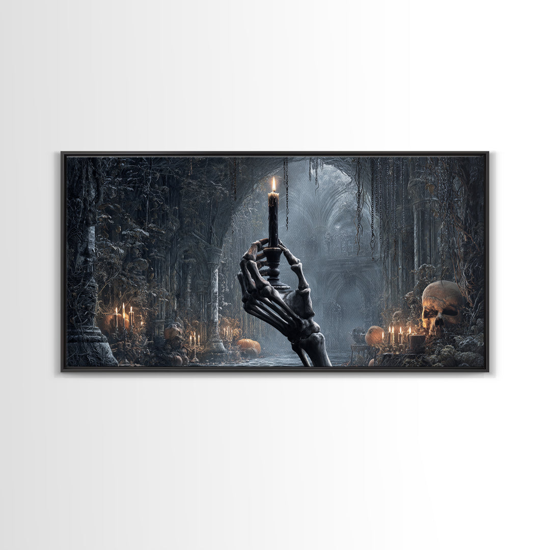 The Skeletal Hand Candleholder, Wide Panoramic Art, Spooky Home Decor, Canvas Print, Halloween Wall Decor, Gothic Home Decor