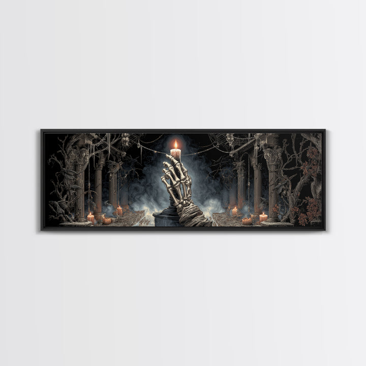 The Skeletal Hand Candleholder, Extra Wide Wall Art, Macabre Wall Art, Framed Canvas Print, Halloween Wall Decor, Gothic Home Decor