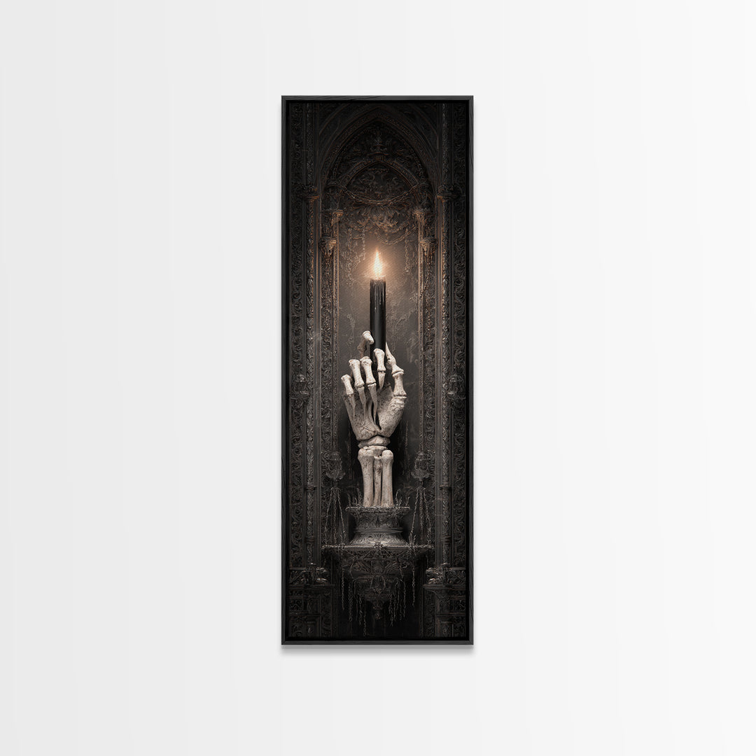 The Skeletal Hand Candleholder, Tall Narrow Wall Art, Macabre Wall Art, Framed Canvas Print, Halloween Wall Decor, Gothic Home Decor