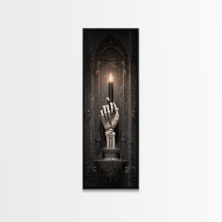 The Skeletal Hand Candleholder, Tall Narrow Wall Art, Macabre Wall Art, Framed Canvas Print, Halloween Wall Decor, Gothic Home Decor