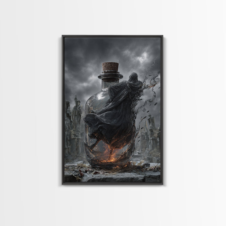 The Bottled Ghost, Vertical Wall Art, Gothic Horror Wall Art, Framed Canvas Print, Halloween Wall Decor, Gothic Home Decor