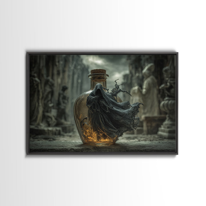 The Bottled Ghost, Landscape Wall Art, Macabre Wall Art, Framed Canvas Print, Halloween Wall Decor, Gothic Home Decor