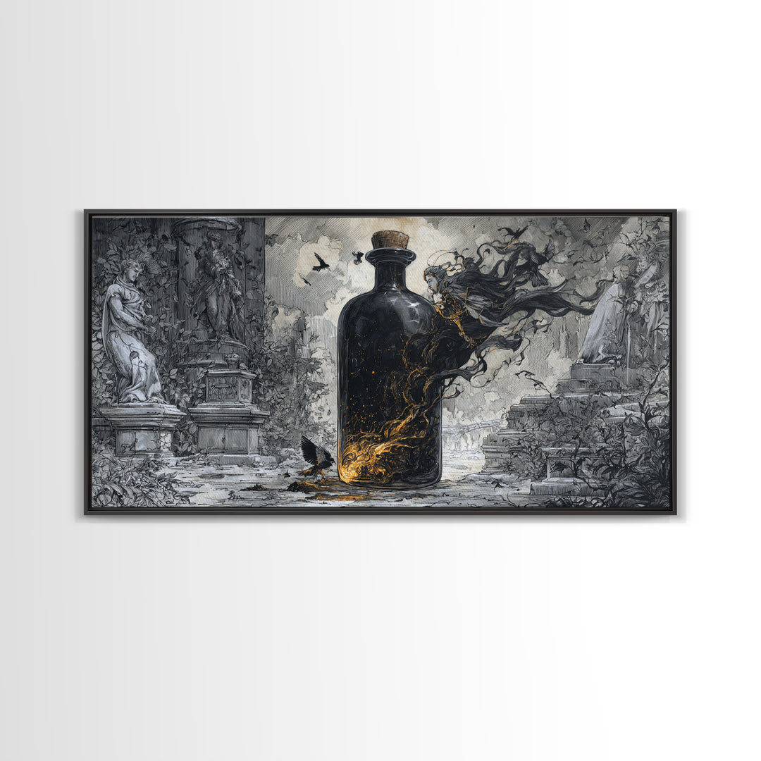 The Bottled Ghost, Wide Panoramic Art, Dark Fantasy Wall Art, Canvas Print, Halloween Wall Decor, Gothic Home Decor, Seasonal Home Decor