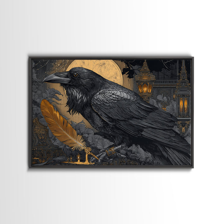 The Raven-Feather Quill, Landscape Wall Art, Macabre Wall Art, Framed Canvas Print, Halloween Wall Decor, Gothic Home Decor