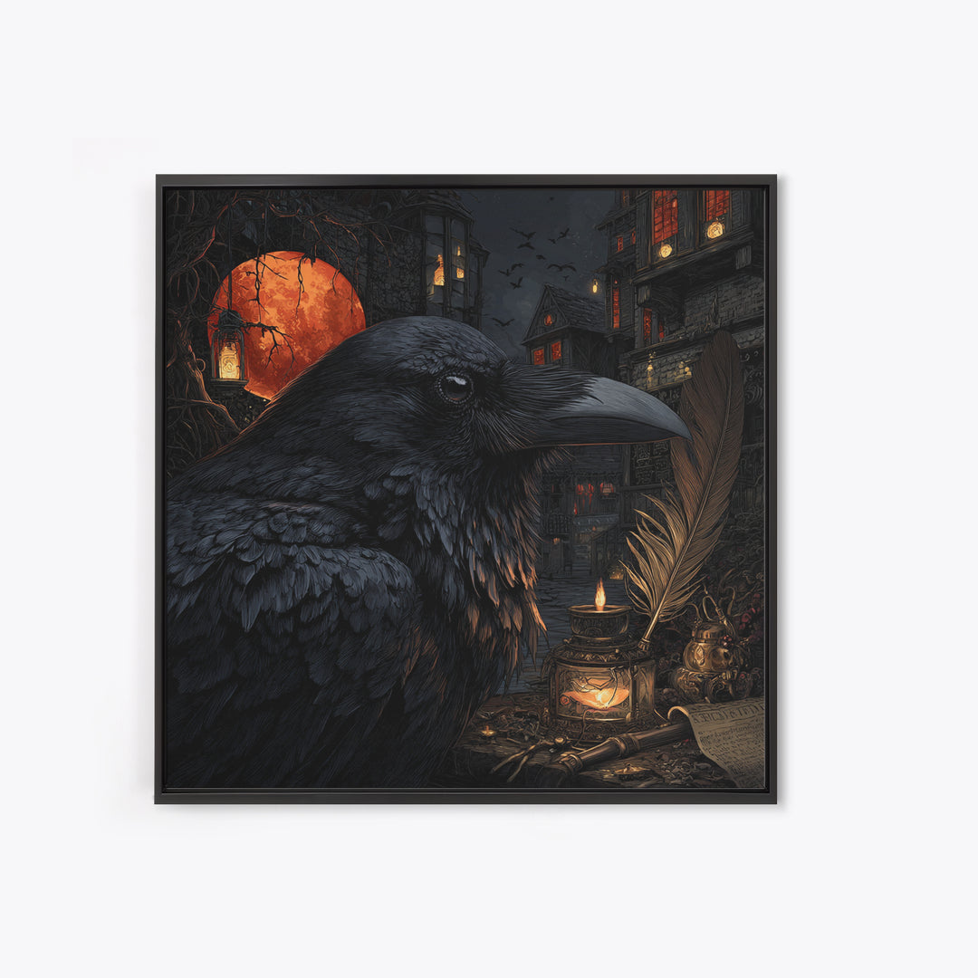 The Raven-Feather Quill, Square Wall Art, Gothic Horror Wall Art, Framed Canvas Print, Halloween Wall Decor, Gothic Home Decor