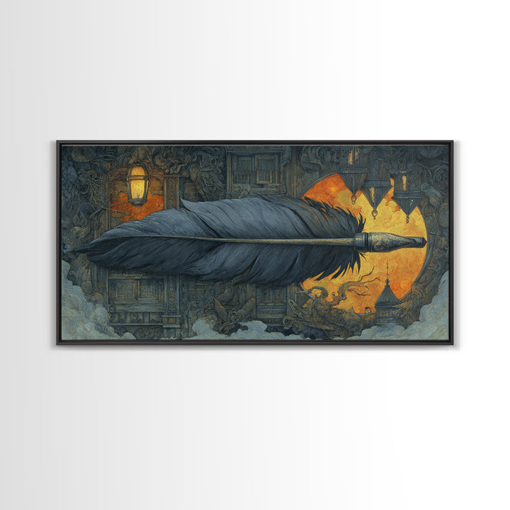 The Raven-Feather Quill, Wide Panoramic Art, Gothic Horror Wall Art, Framed Canvas Print, Halloween Wall Decor, Gothic Home Decor