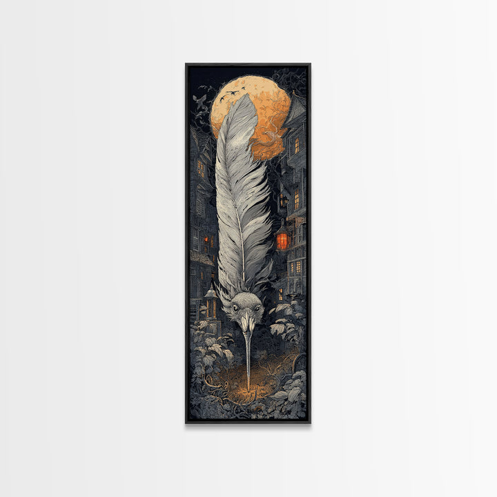 The Raven-Feather Quill, Tall Narrow Wall Art, Macabre Wall Art, Framed Canvas Print, Halloween Wall Decor, Gothic Home Decor