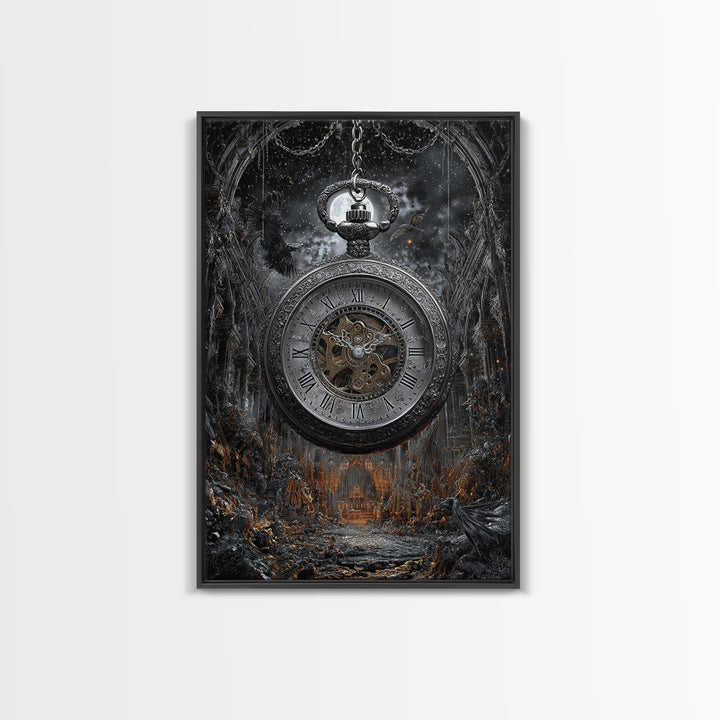 The Cursed Pocket Watch, Vertical Wall Art, Gothic Horror Wall Art, Framed Canvas Print, Halloween Wall Decor, Gothic Home Decor