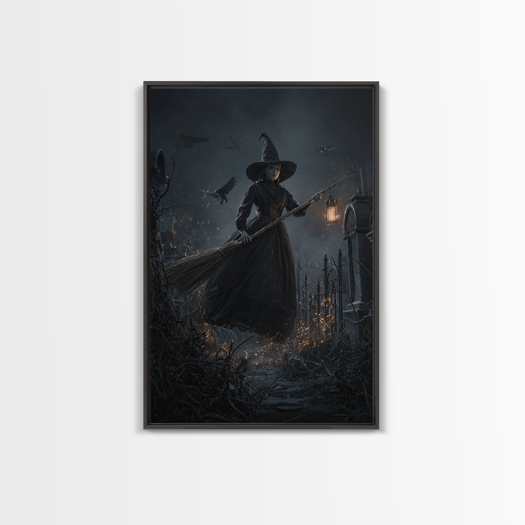 The Witch'S Broom, Vertical Wall Art, Haunted Gothic Art, Framed Canvas Print, Halloween Wall Decor, Gothic Home Decor, Spooky Wall Decor