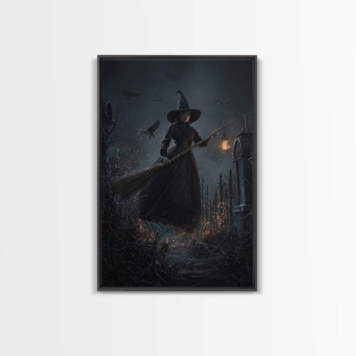 The Witch'S Broom, Vertical Wall Art, Haunted Gothic Art, Framed Canvas Print, Halloween Wall Decor, Gothic Home Decor, Spooky Wall Decor