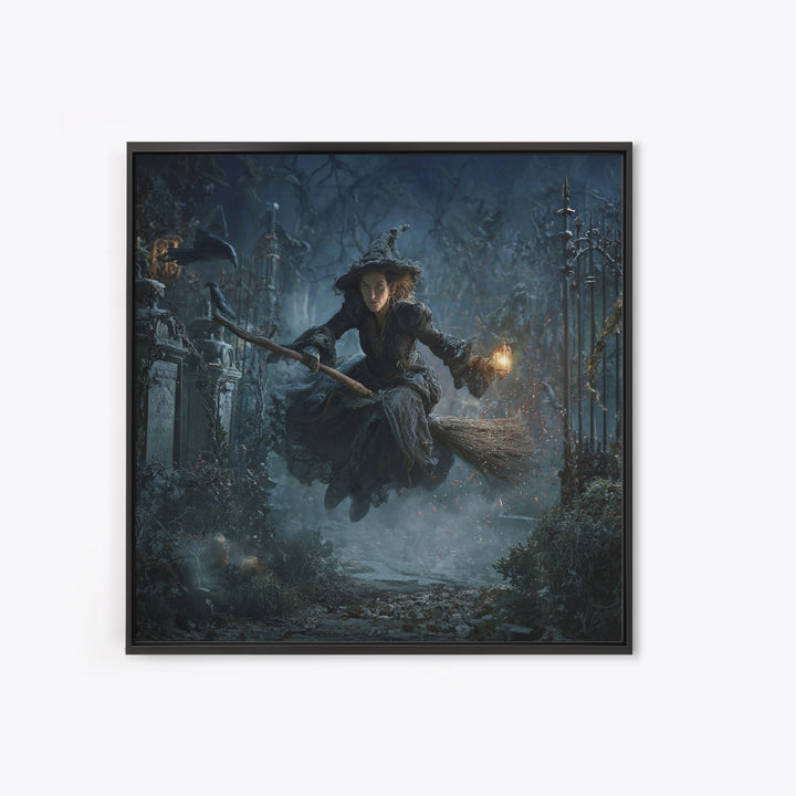 The Witch'S Broom, Square Wall Art, Dark Halloween Decor, Canvas Print, Halloween Wall Decor, Gothic Home Decor, Seasonal Home Decor
