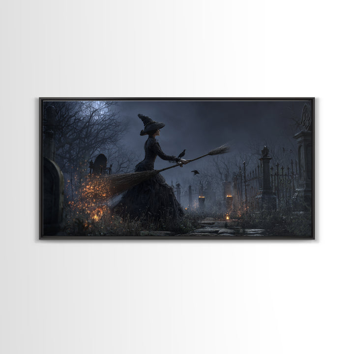 The Witch'S Broom, Wide Panoramic Art, Gothic Horror Wall Art, Framed Canvas Print, Halloween Wall Decor, Gothic Home Decor, Halloween Decor