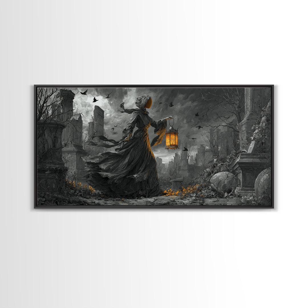 The Bone-Handled Lantern, Wide Panoramic Art, Spooky Home Decor, Canvas Print, Halloween Wall Decor, Gothic Home Decor, Dark Fantasy Art