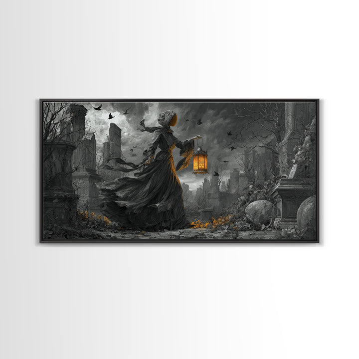 The Bone-Handled Lantern, Wide Panoramic Art, Spooky Home Decor, Canvas Print, Halloween Wall Decor, Gothic Home Decor, Dark Fantasy Art