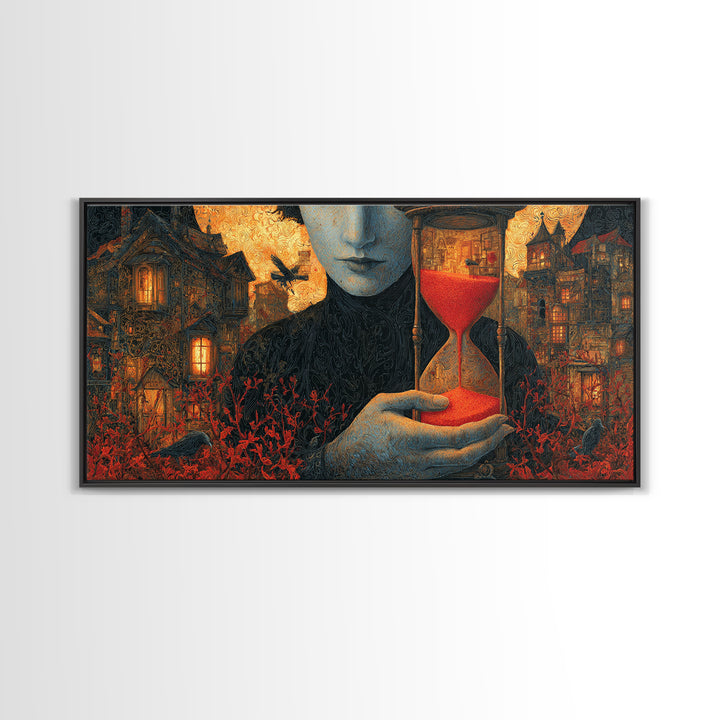 The Crimson Hourglass, Wide Panoramic Art, Macabre Wall Art, Framed Canvas Print, Halloween Wall Decor, Gothic Home Decor, Halloween Decor