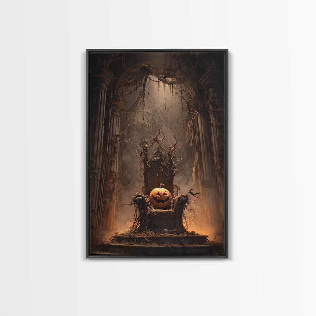 The Jack-O'-Lantern Throne, Vertical Wall Art, Gothic Horror Wall Art, Framed Canvas Print, Halloween Wall Decor, Gothic Home Decor