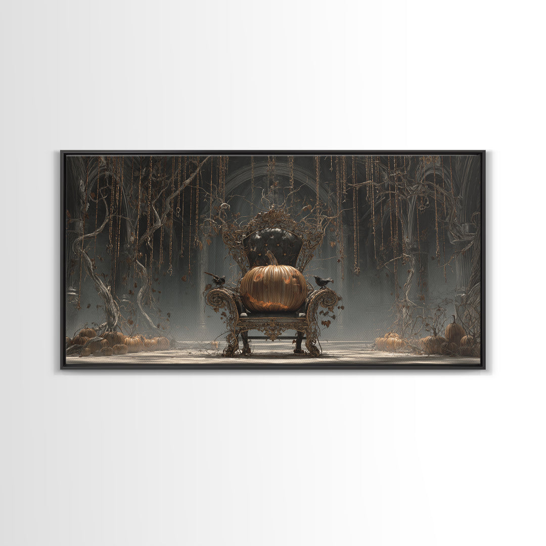 The Jack-O'-Lantern Throne, Wide Panoramic Art, Macabre Wall Art, Framed Canvas Print, Halloween Wall Decor, Gothic Home Decor