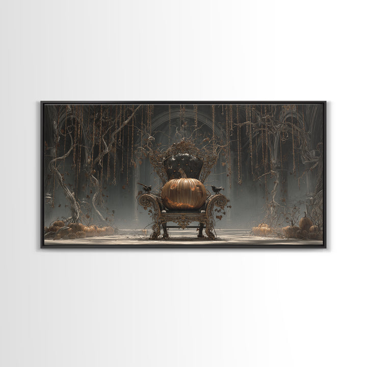 The Jack-O'-Lantern Throne, Wide Panoramic Art, Macabre Wall Art, Framed Canvas Print, Halloween Wall Decor, Gothic Home Decor