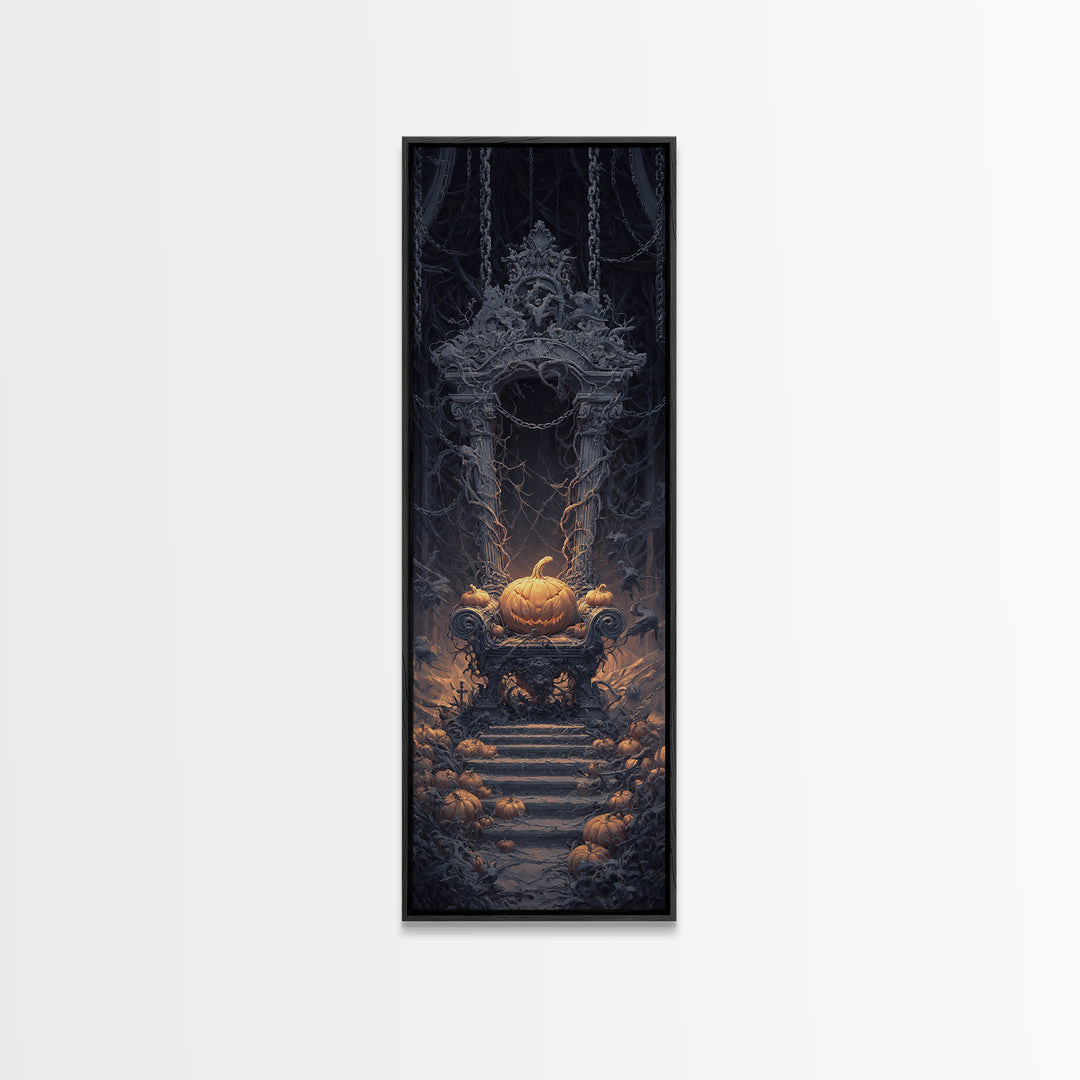 The Jack-O'-Lantern Throne, Tall Narrow Wall Art, Spooky Home Decor, Canvas Print, Halloween Wall Decor, Gothic Home Decor