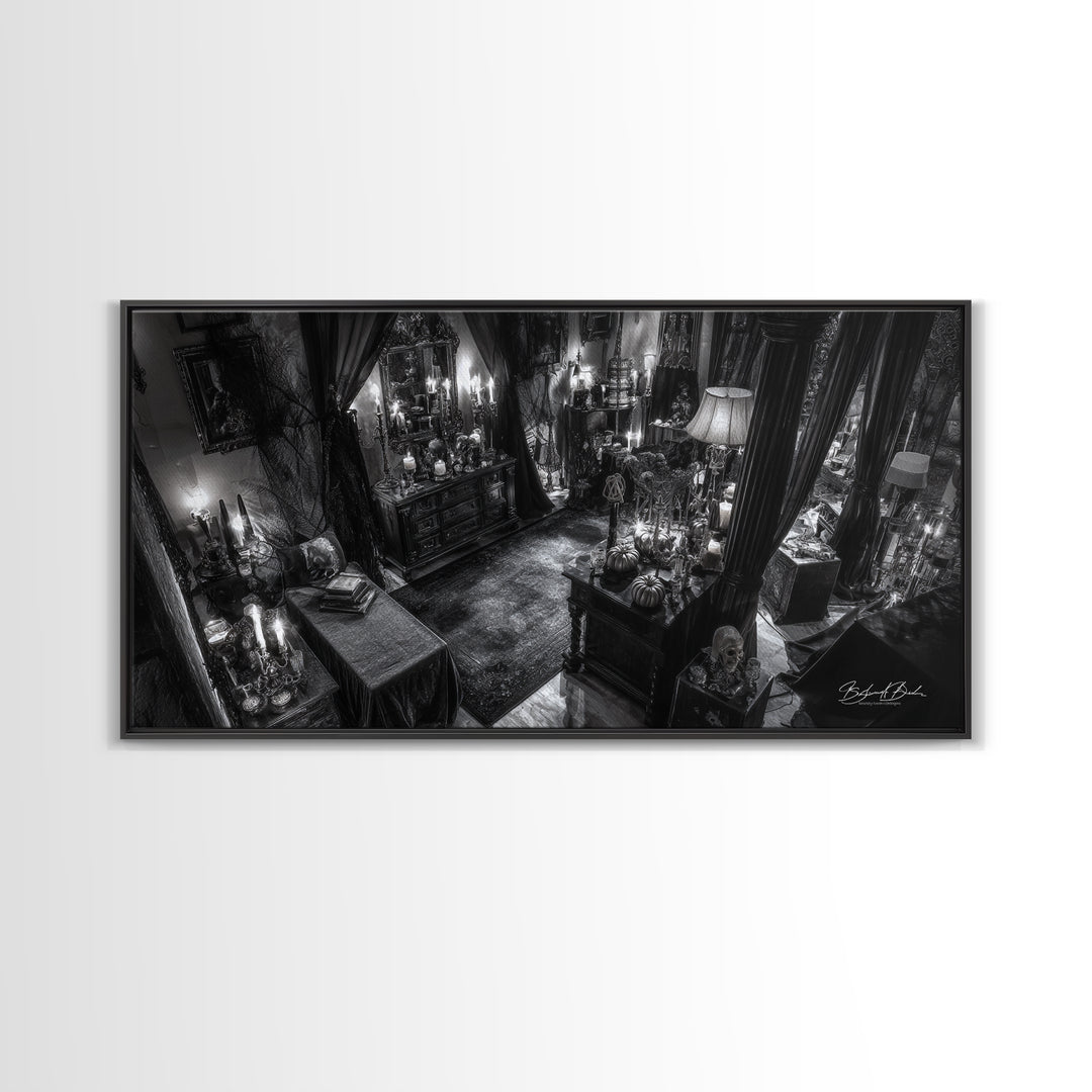 Monochrome Gothic Halloween, Wide Panoramic Art, Macabre Wall Art, Framed Canvas Print, Halloween Wall Decor, Gothic Home Decor