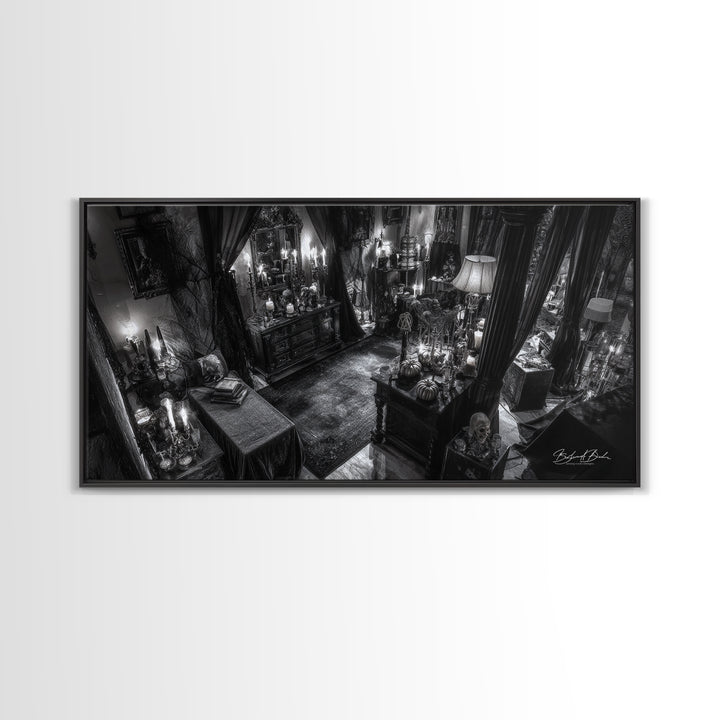 Monochrome Gothic Halloween, Wide Panoramic Art, Macabre Wall Art, Framed Canvas Print, Halloween Wall Decor, Gothic Home Decor