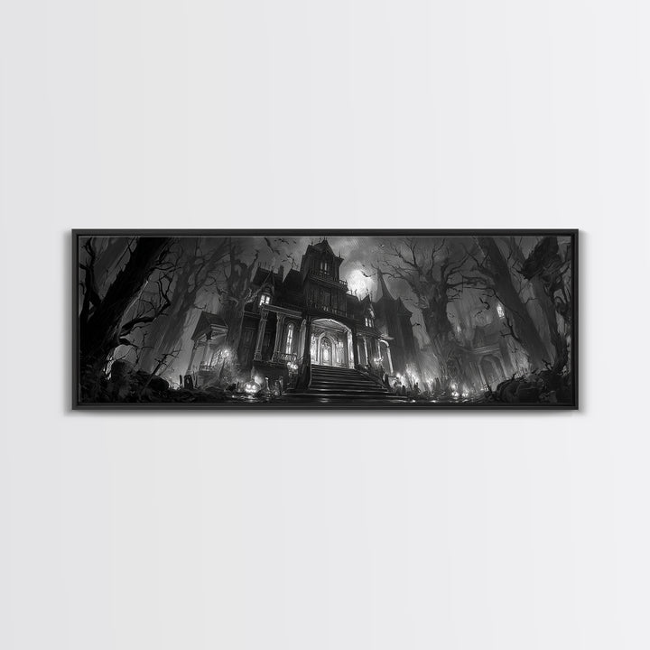 Monochrome Gothic Halloween, Extra Wide Wall Art, Spooky Home Decor, Canvas Print, Halloween Wall Decor, Gothic Home Decor, Dark Fantasy Art