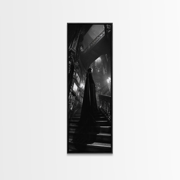 Monochrome Gothic Halloween, Tall Narrow Wall Art, Haunted Gothic Art, Framed Canvas Print, Halloween Wall Decor, Gothic Home Decor