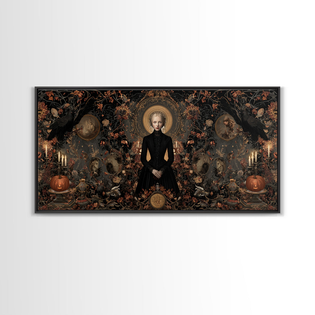 Victorian Mourning Halloween, Wide Panoramic Art, Haunted Gothic Art, Framed Canvas Print, Halloween Wall Decor, Gothic Home Decor