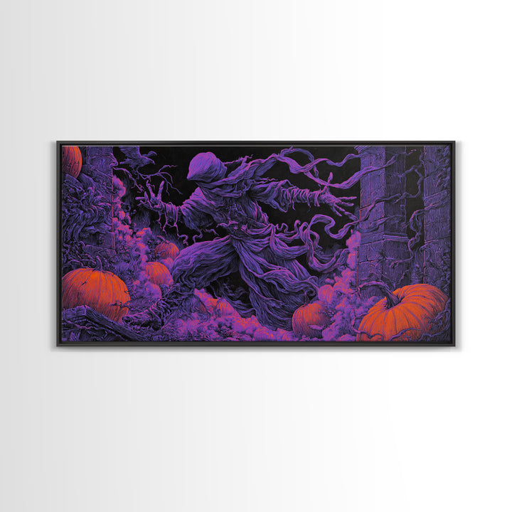 1980s Neon Horror, Wide Panoramic Art, Spooky Home Decor, Canvas Print, Halloween Wall Decor, Gothic Home Decor, Macabre Wall Art