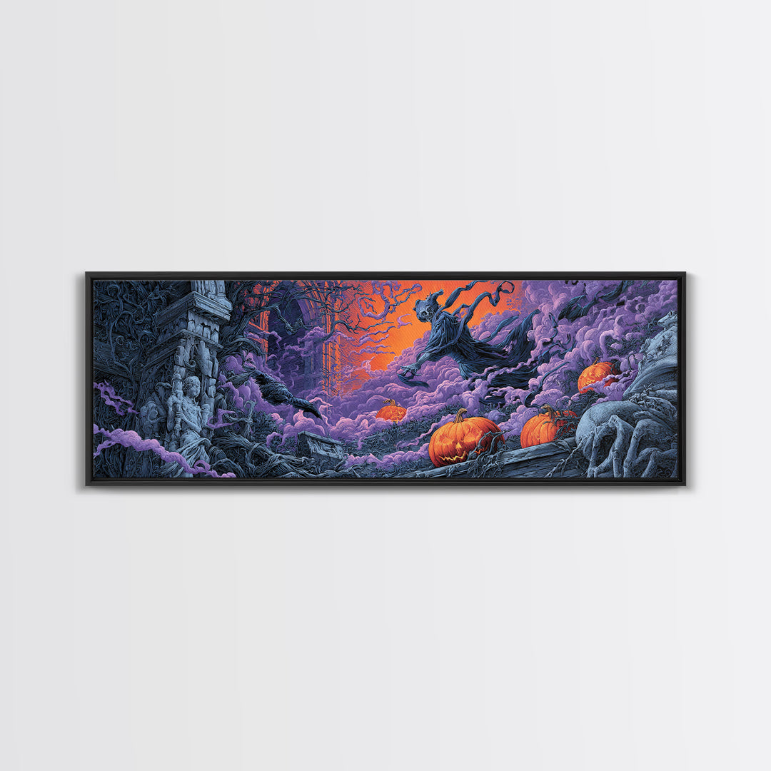 1980s Neon Horror, Extra Wide Wall Art, Dark Fantasy Wall Art, Canvas Print, Halloween Wall Decor, Gothic Home Decor, Macabre Wall Art