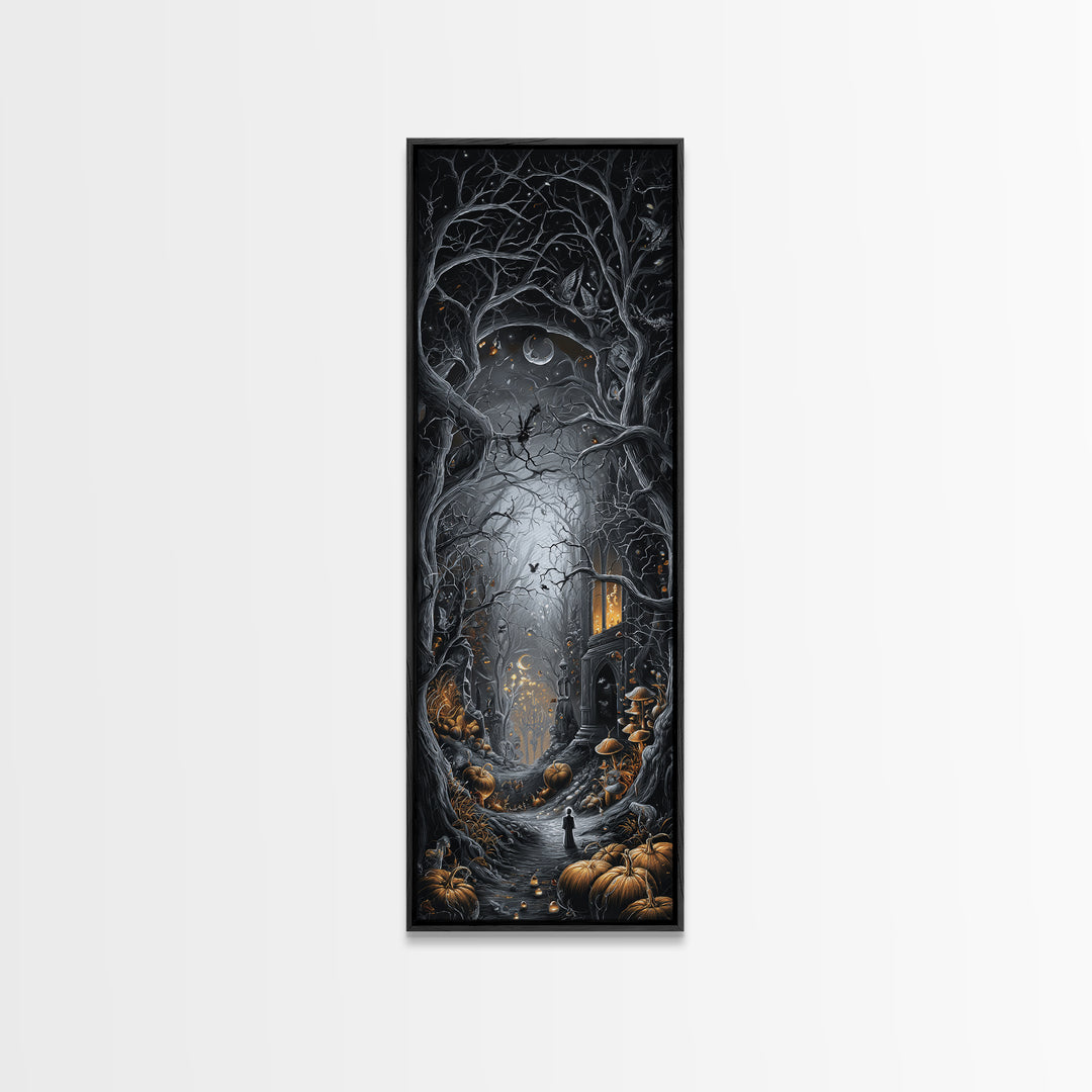 Enchanted Woodland Halloween, Tall Narrow Wall Art, Haunted Gothic Art, Framed Canvas Print, Halloween Wall Decor, Gothic Home Decor