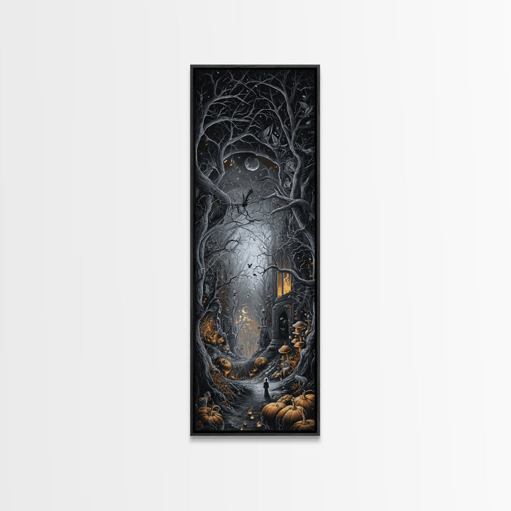 Enchanted Woodland Halloween, Tall Narrow Wall Art, Haunted Gothic Art, Framed Canvas Print, Halloween Wall Decor, Gothic Home Decor