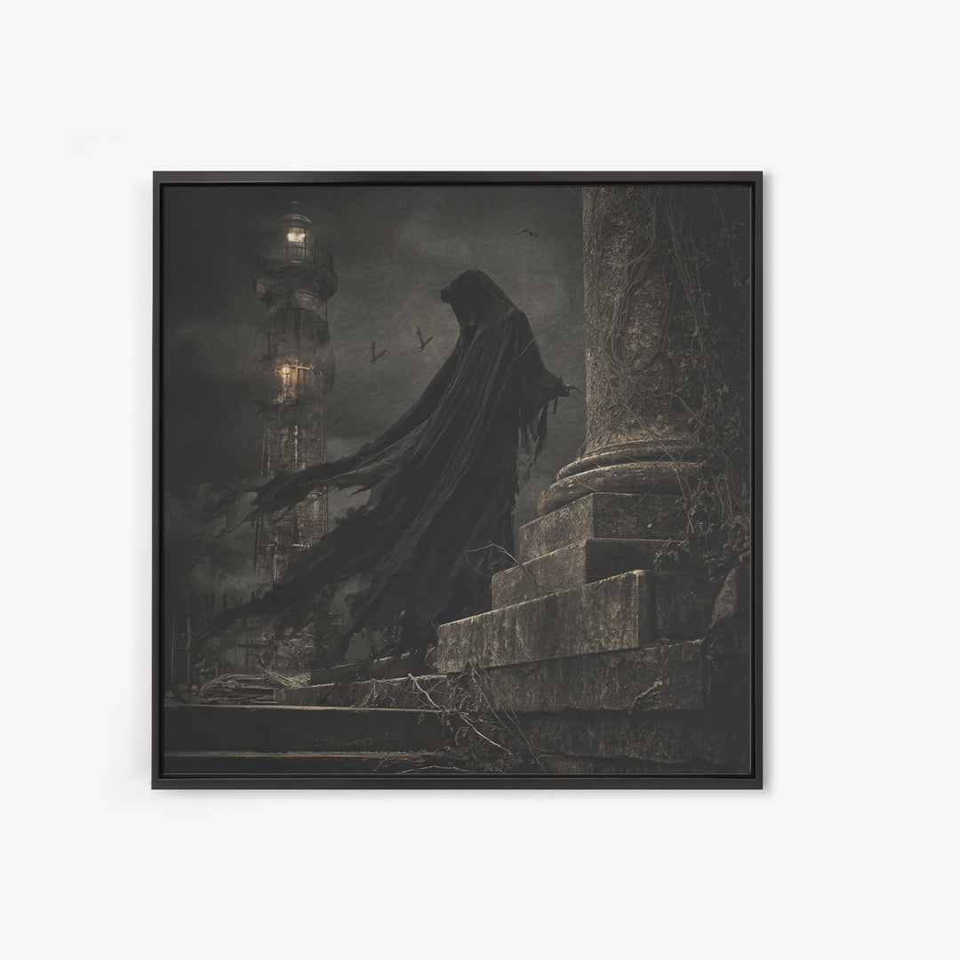 Haunted Seaside Halloween, Square Wall Art, Macabre Wall Art, Framed Canvas Print, Halloween Wall Decor, Gothic Home Decor, Dark Fantasy Art