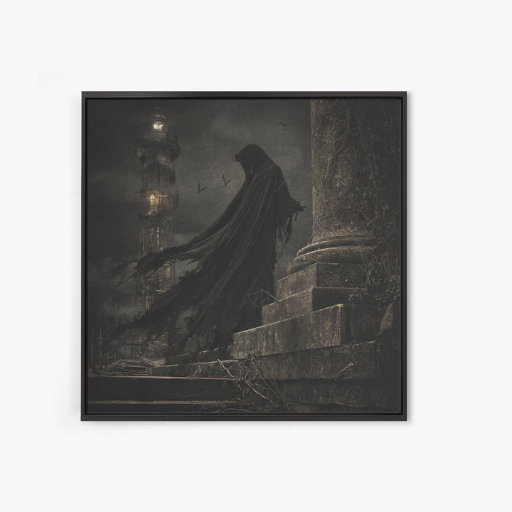Haunted Seaside Halloween, Square Wall Art, Macabre Wall Art, Framed Canvas Print, Halloween Wall Decor, Gothic Home Decor, Dark Fantasy Art